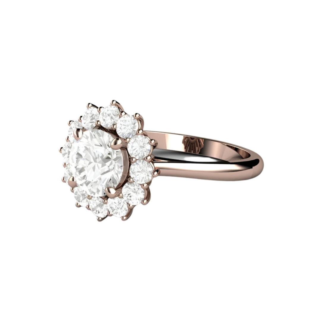 Side View of 1.25 Carat Round Moissanite Halo Engagement Ring, Vintage Inspired Cluster Design in 14K or 18K Gold and Platinum with Charles & Colvard Forever One Moissanite | Rare Earth Jewelry