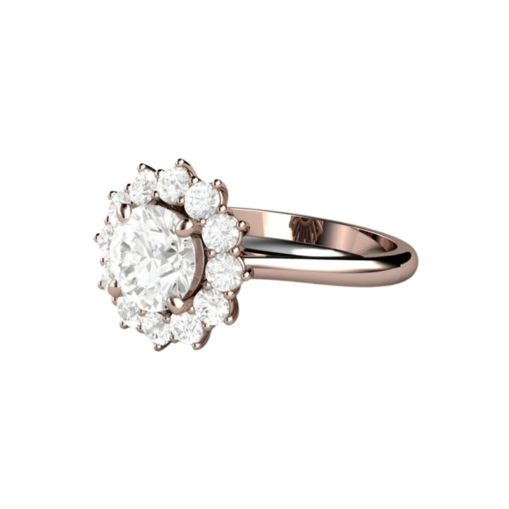 Side View of 1.25 Carat Round Moissanite Halo Engagement Ring, Vintage Inspired Cluster Design in 14K or 18K Gold and Platinum with Charles & Colvard Forever One Moissanite | Rare Earth Jewelry