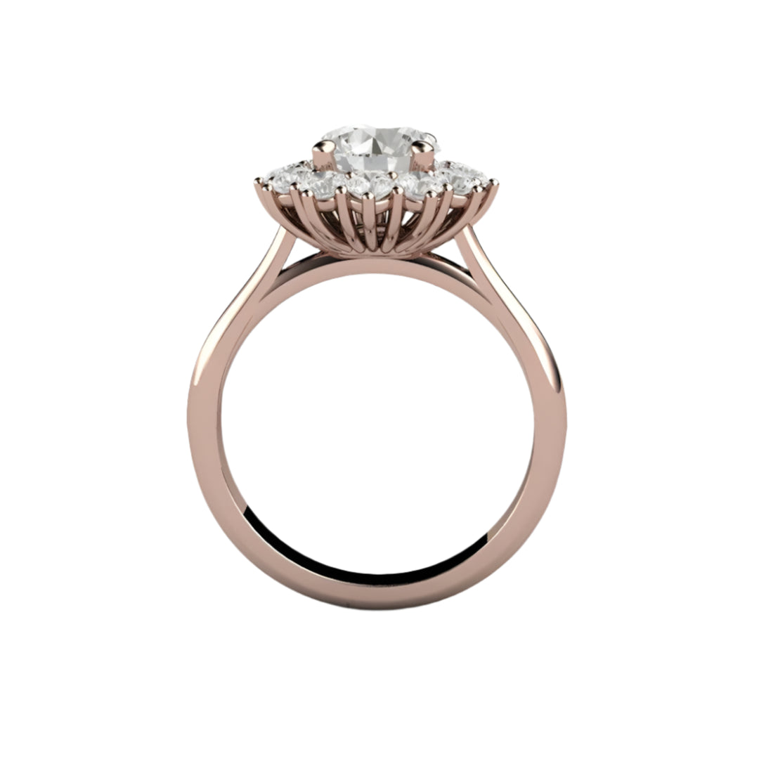 Profile View of 1.25 Carat Round Moissanite Engagement Ring showing Vintage Style Cluster Design and Cathedral Setting in Rose Gold | Rare Earth Jewelry