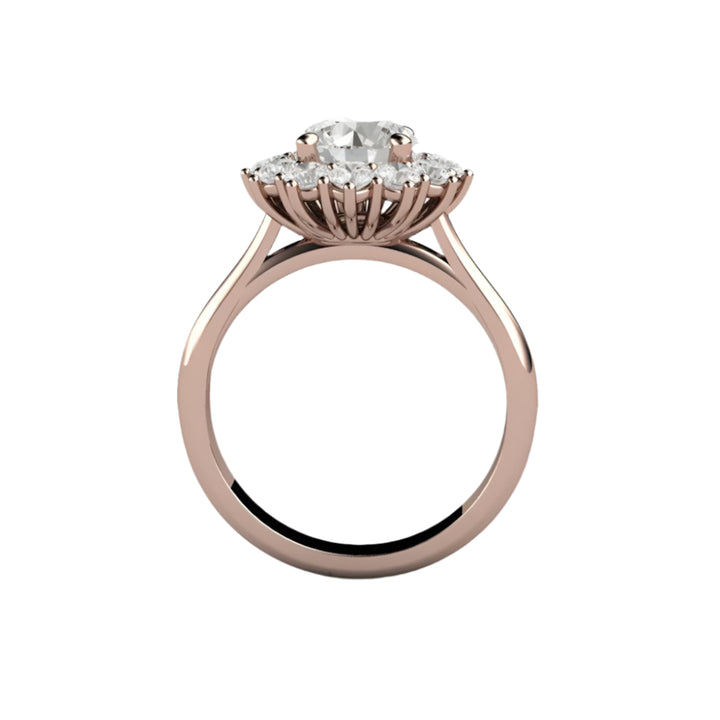 Profile View of 1.25 Carat Round Moissanite Engagement Ring showing Vintage Style Cluster Design and Cathedral Setting in Rose Gold | Rare Earth Jewelry