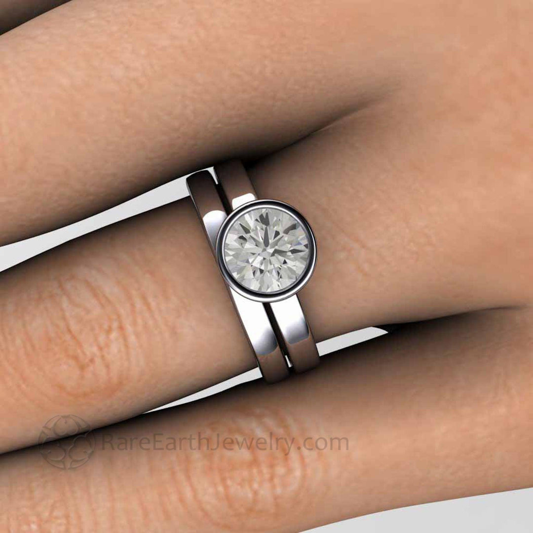 1 Carat Moissanite Bezel Set Solitaire Engagement Ring with Wedding Band on Hand