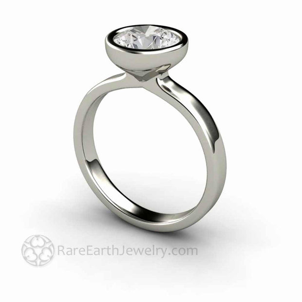 1 Carat Round Moissanite Solitaire Engagement Ring Simple Bezel Setting 18K White Gold - Engagement Only - Rare Earth Jewelry