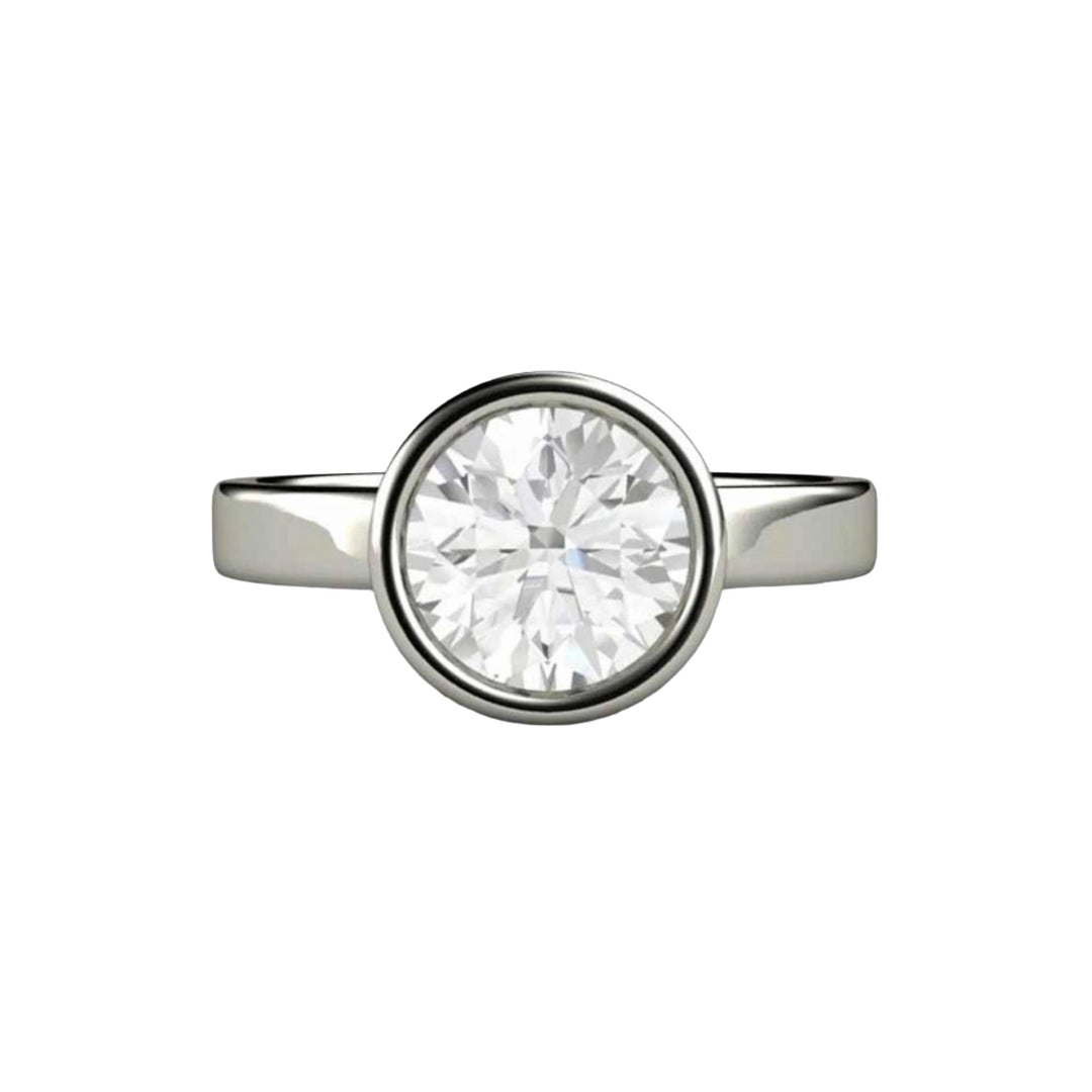 1 Carat Round Moissanite Engagement Ring, Round Bezel Set Solitaire in 14K or 18K White Gold