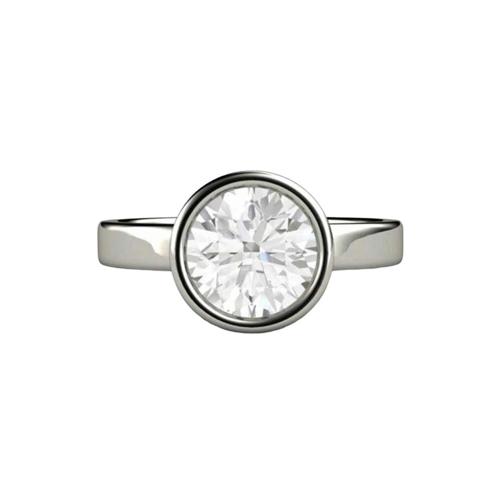 1 Carat Round Moissanite Engagement Ring, Round Bezel Set Solitaire in 14K or 18K White Gold