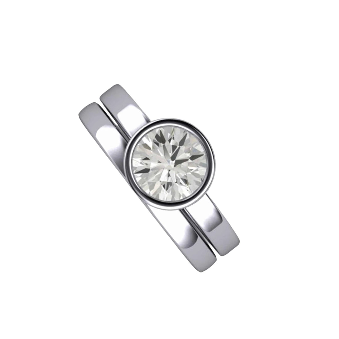1 Carat Moissanite Bezel Set Solitaire Engagement Ring in 14K or 18K Gold and Platinum, Bridal Set