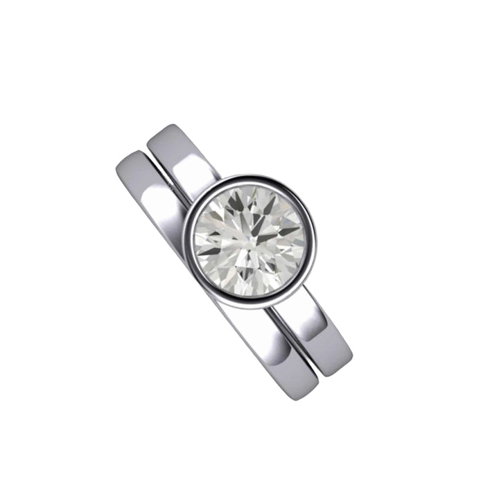 1 Carat Moissanite Bezel Set Solitaire Engagement Ring in 14K or 18K Gold and Platinum, Bridal Set