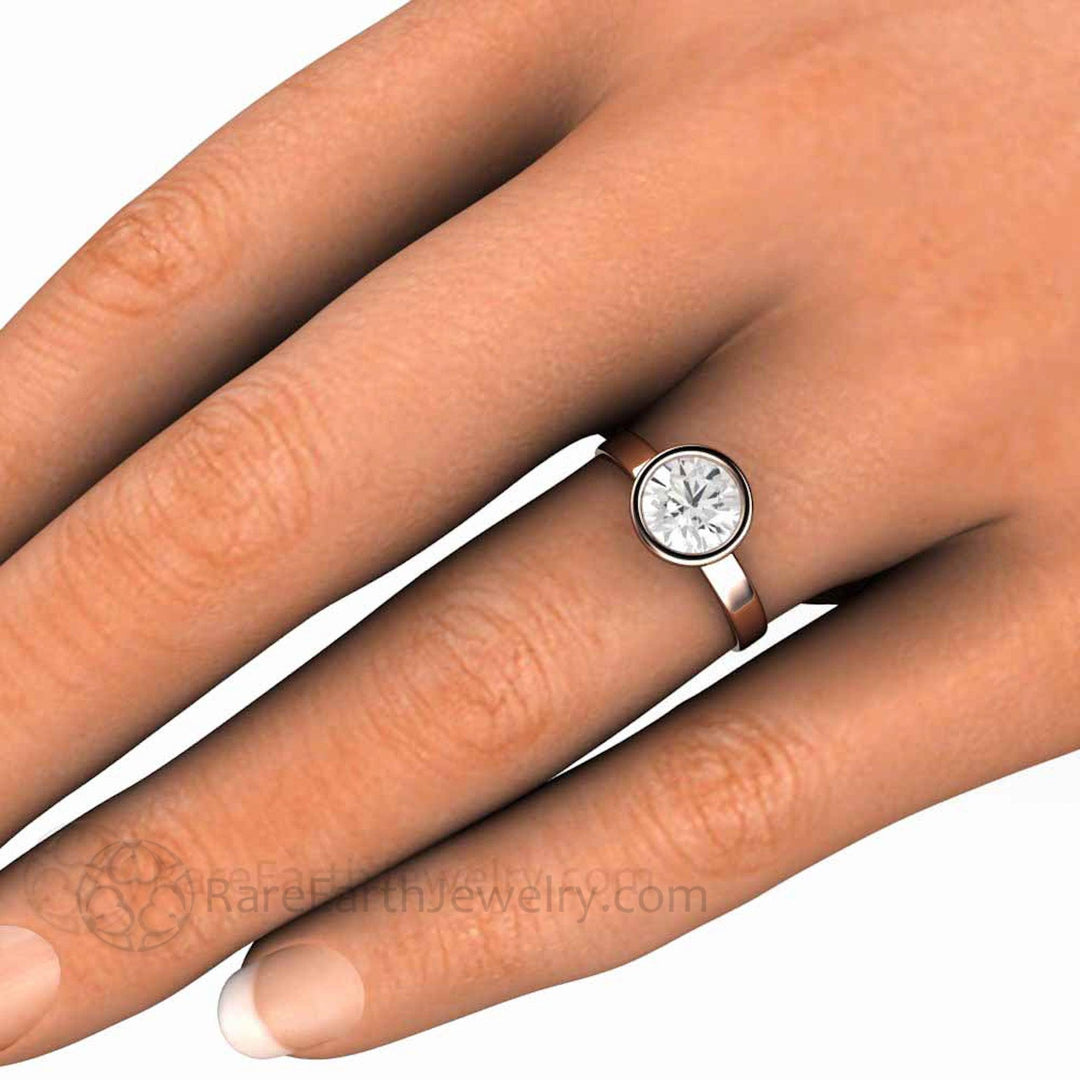 1 Carat Moissanite Solitaire Engagement Ring | Bezel Set Round Solitaire, on the Hand
