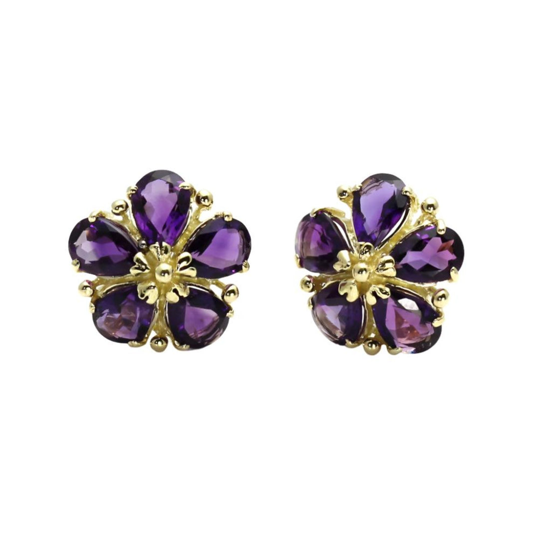 14K Gold Amethyst Flower Earrings | February Birthstone Earrings, Rare Earth Jewelry