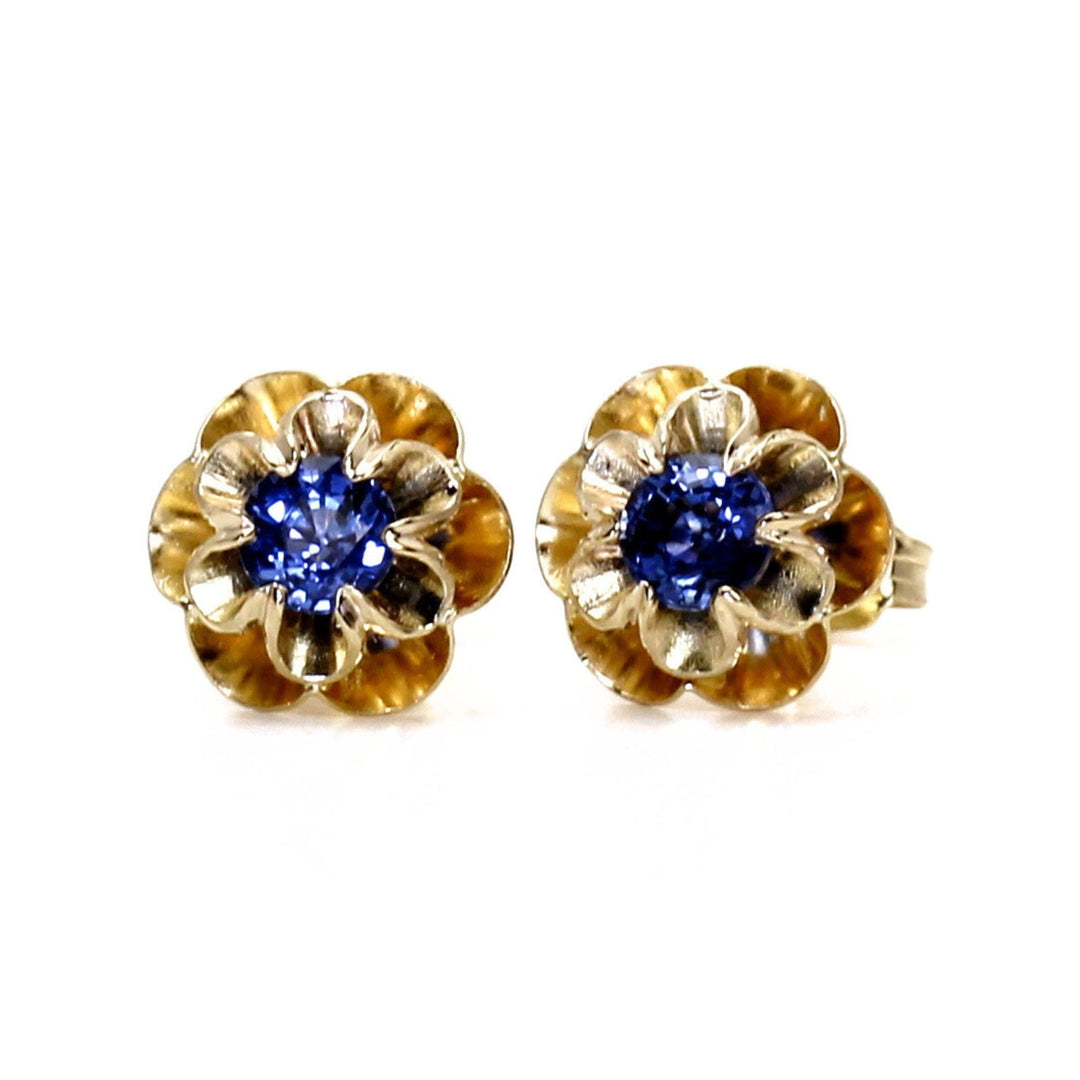 14K Gold Blue Sapphire Earrings with Flower Design, Rare Earth Jewelry