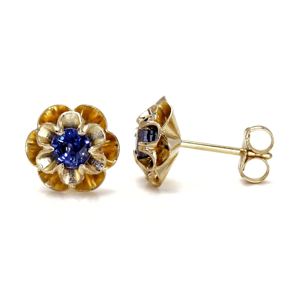 14K Gold Blue Sapphire Earrings with Flower Design, Rare Earth Jewelry