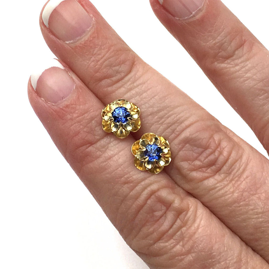 14K Gold Blue Sapphire Earrings with Flower Design, Rare Earth Jewelry