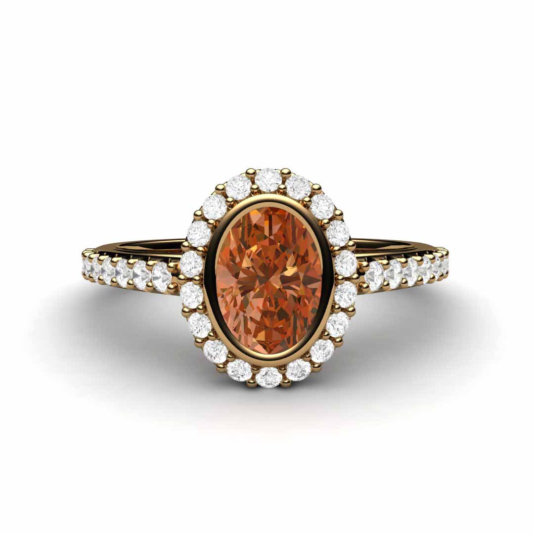 Oval Orange Sapphire Engagement Ring Bezel Set Pave Diamond Halo, Rare Earth Jewelry