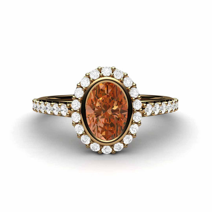 Oval Orange Sapphire Engagement Ring Bezel Set Pave Diamond Halo, Rare Earth Jewelry