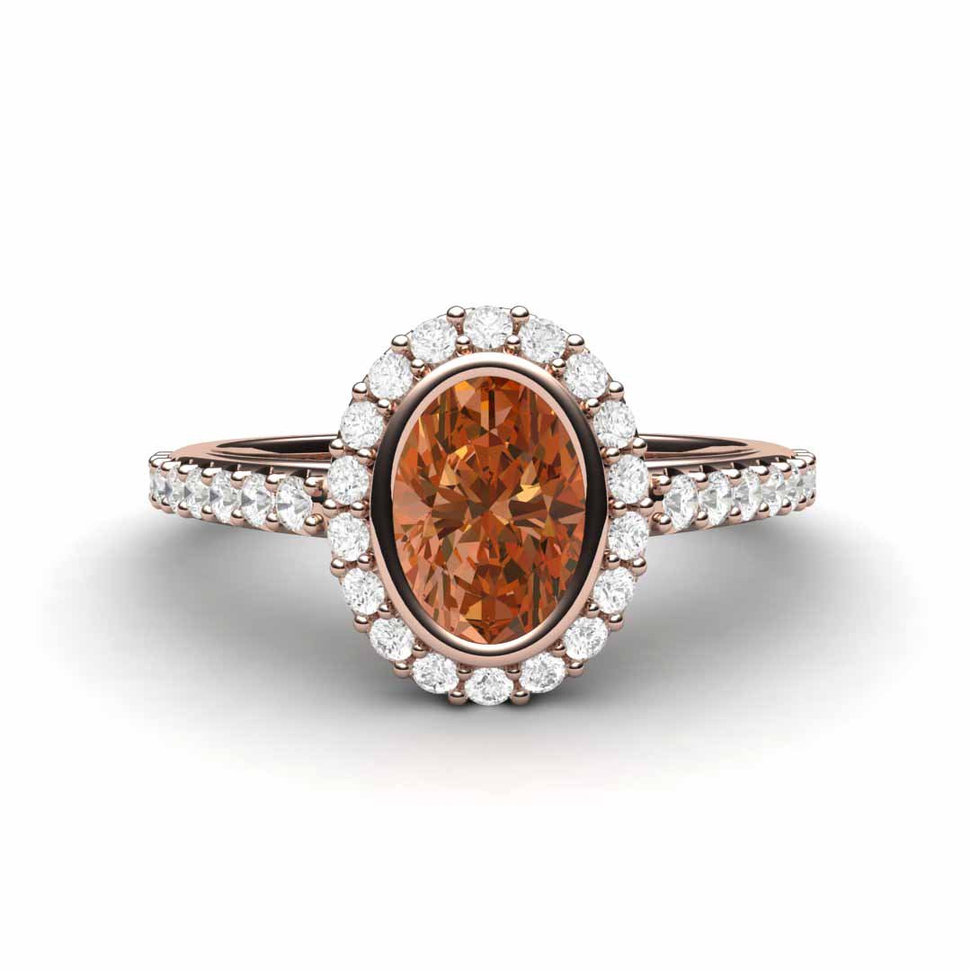 Oval Orange Sapphire Engagement Ring Bezel Set Pave Diamond Halo, Rare Earth Jewelry