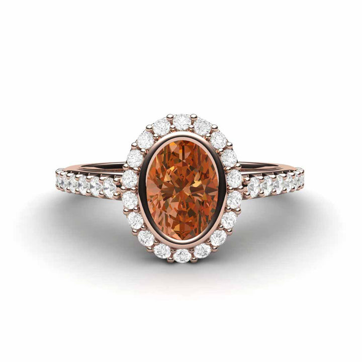 Oval Orange Sapphire Engagement Ring Bezel Set Pave Diamond Halo, Rare Earth Jewelry