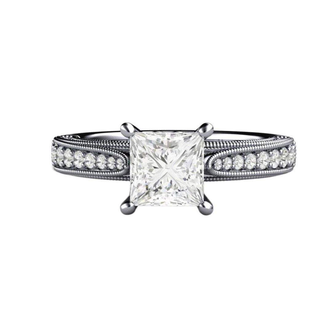 1ct Princess Cut Diamond Engagement Ring, Vintage Filigree Solitaire in Gold or Platinum