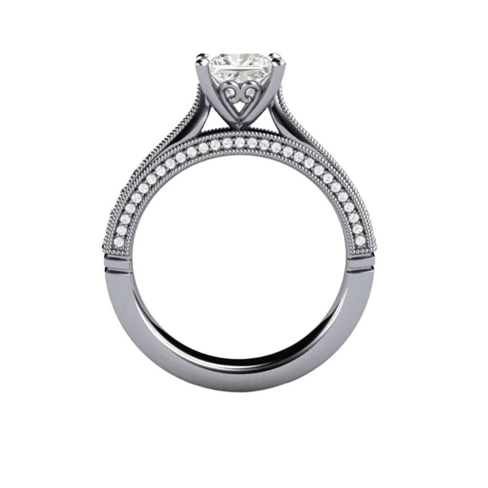 1ct Princess Cut Diamond Engagement Ring, Vintage Filigree Solitaire, Cathedral Setting, Profile View