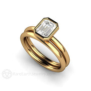 1ct Emerald Cut Bezel Set Diamond Solitaire Engagement Ring 18K Yellow Gold - Wedding Set - Rare Earth Jewelry