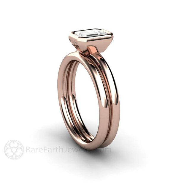 1ct Emerald Cut Bezel Set Diamond Solitaire Engagement Ring 14K Rose Gold - Wedding Set - Rare Earth Jewelry