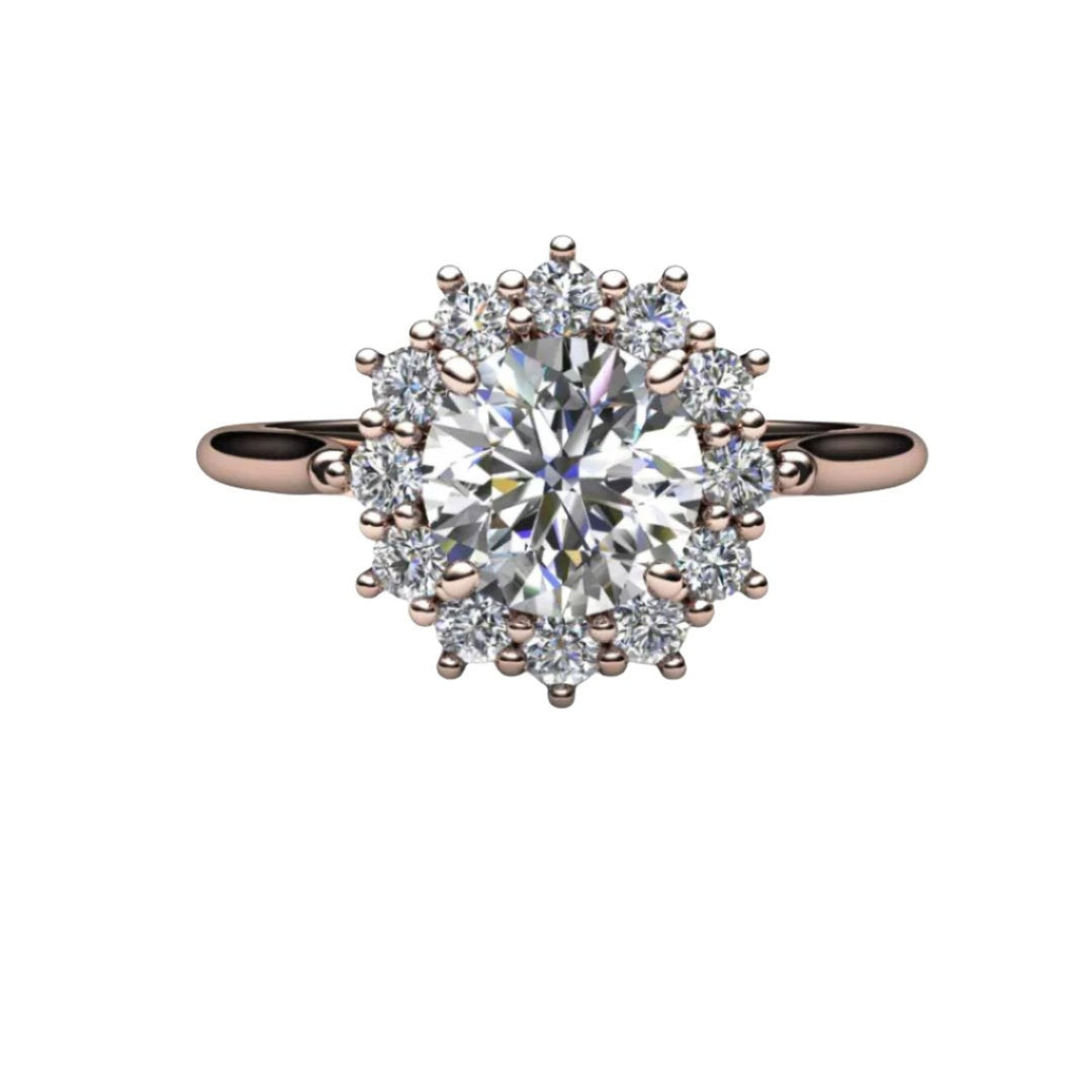 1ct Forever One Moissanite Engagement Ring Vintage Style Halo, Rare Earth Jewelry