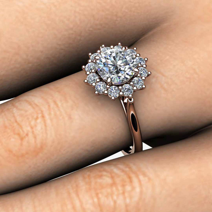 1ct Forever One Moissanite Engagement Ring Vintage Style Halo, Close Up on the Finger