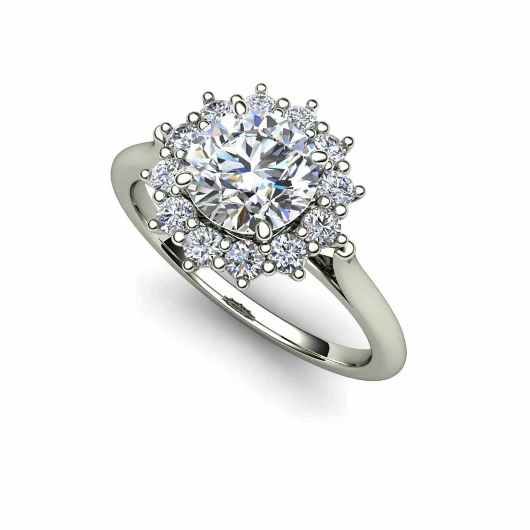 1ct Forever One Moissanite Ring Vintage Inspired Round Cluster Design with Halo, White Gold