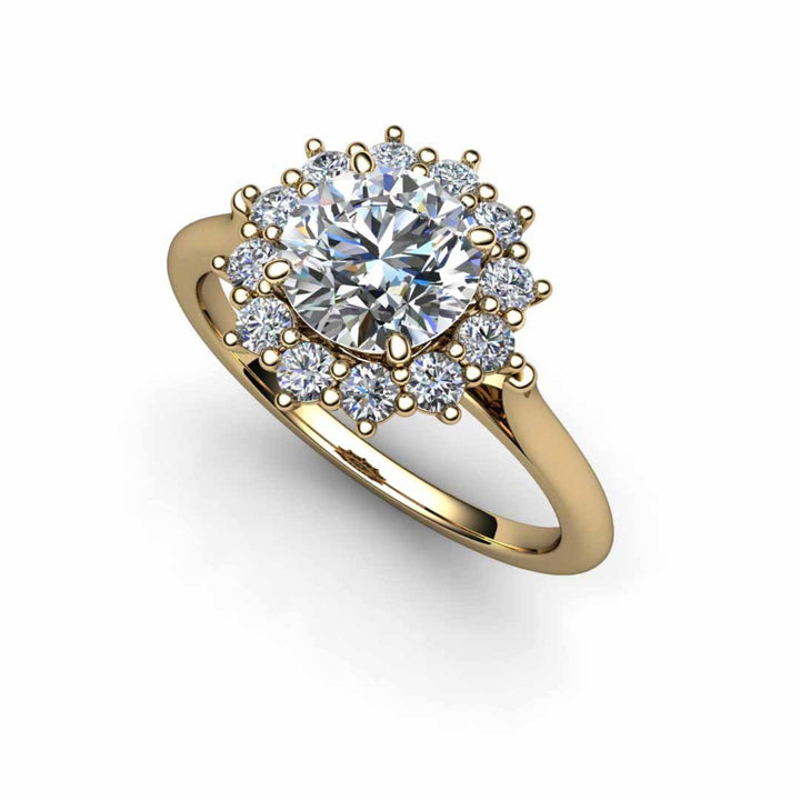 1ct Forever One Moissanite Engagement Ring Vintage Style Halo, 14K Yellow Gold