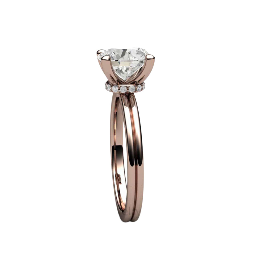 2 Carat Moissanite Solitaire Engagement Ring, Side View showing Hidden Diamond Collar