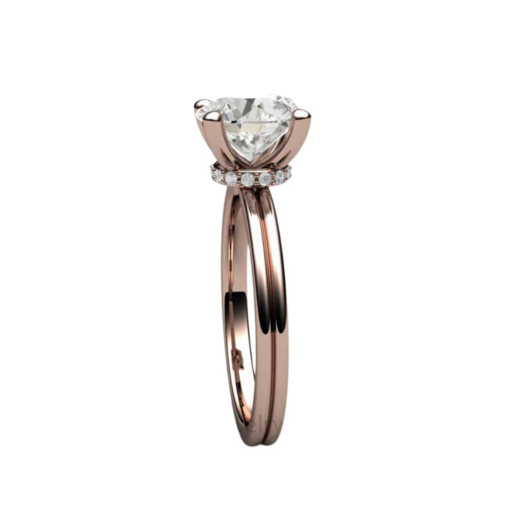 2 Carat Moissanite Solitaire Engagement Ring, Side View showing Hidden Diamond Collar