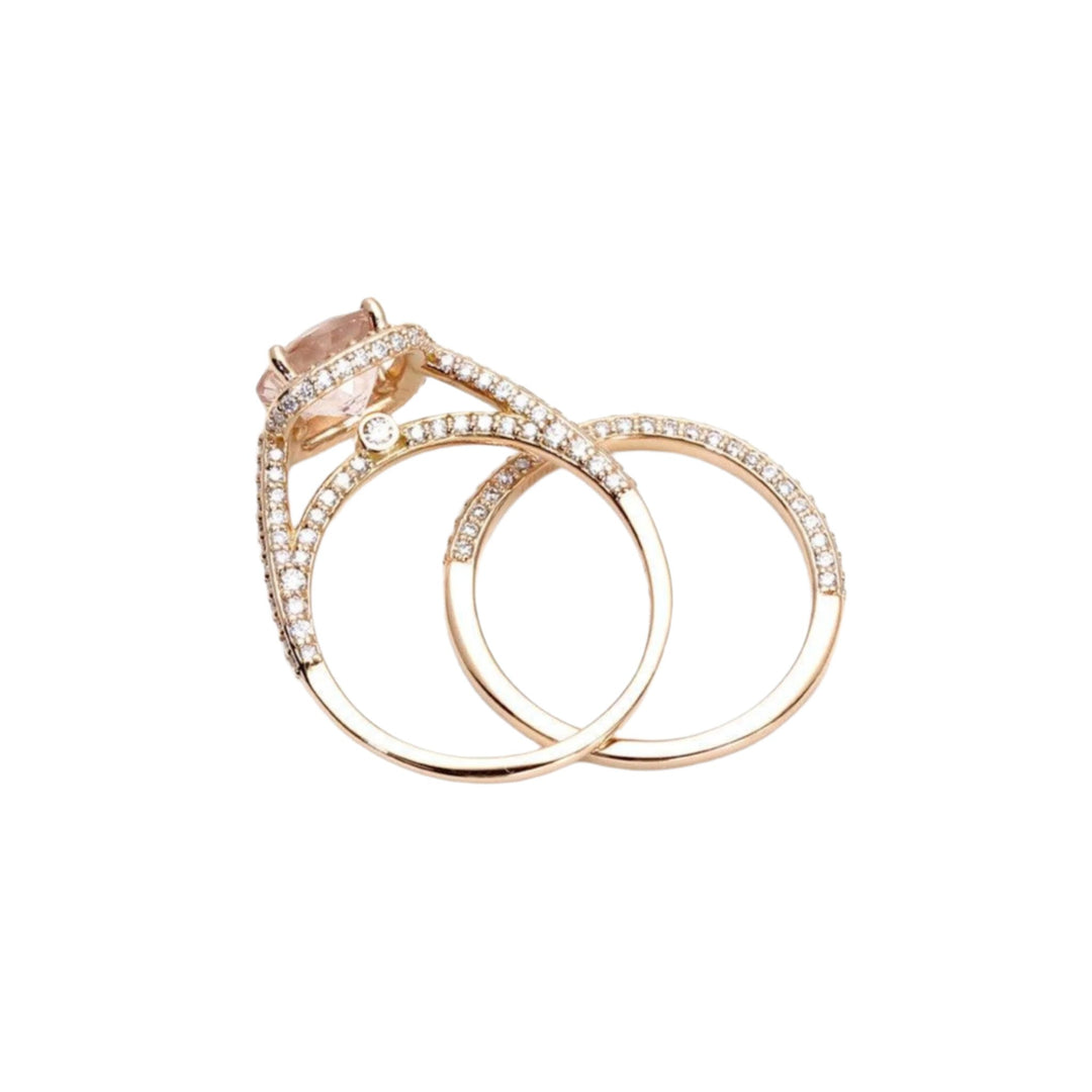 2 Carat Morganite Wedding Set, Pave Diamond Halo Bridal Set, Cathedral Setting, Profile View