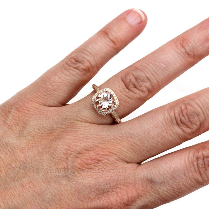 2ct Morganite Ring with Diamond Halo and Pave Diamond Band shown on the Finger