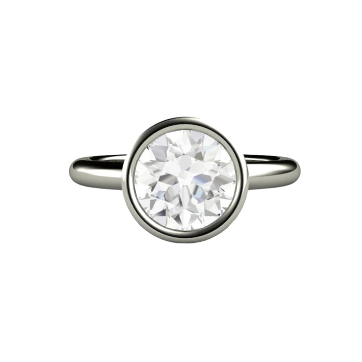 Front view of 2 carat Moissanite bezel set solitaire engagement ring in white gold  Rare Earth Jewelry