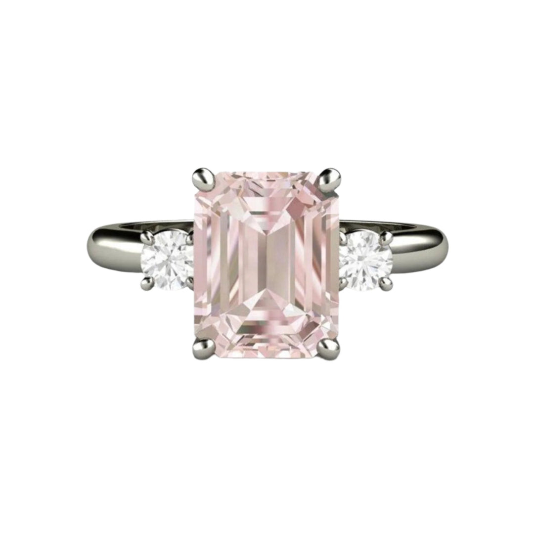 2 Carat Morganite Emerald Cut Engagement Ring, Three Stone Setting with Diamonds