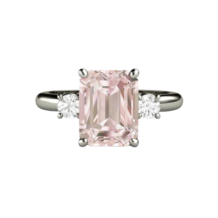 2 Carat Morganite Emerald Cut Engagement Ring, Three Stone Setting with Diamonds