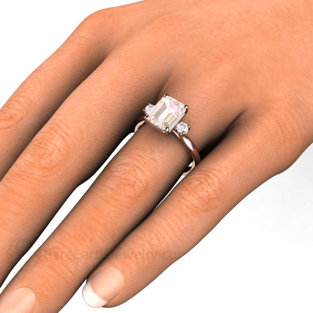 2ct Emerald Cut Pink Morganite Engagement Ring, 3 Stone Style, Shown on the Hand