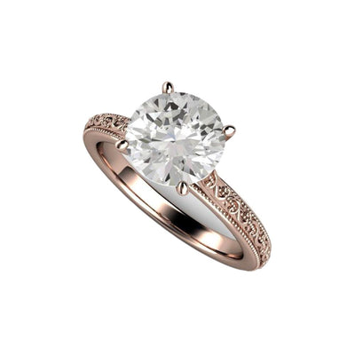 2ct Forever One Moissanite Engagement Ring in a Vintage Style Solitaire Design with Filigree and Milgrain shown in Rose Gold from Rare Earth Jewelry