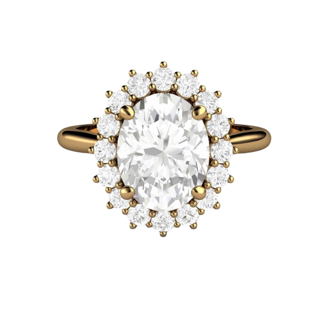 Moissanite 2 Carat Engagement Ring, Princess Diana Style, Oval Halo, 18K Yellow Gold