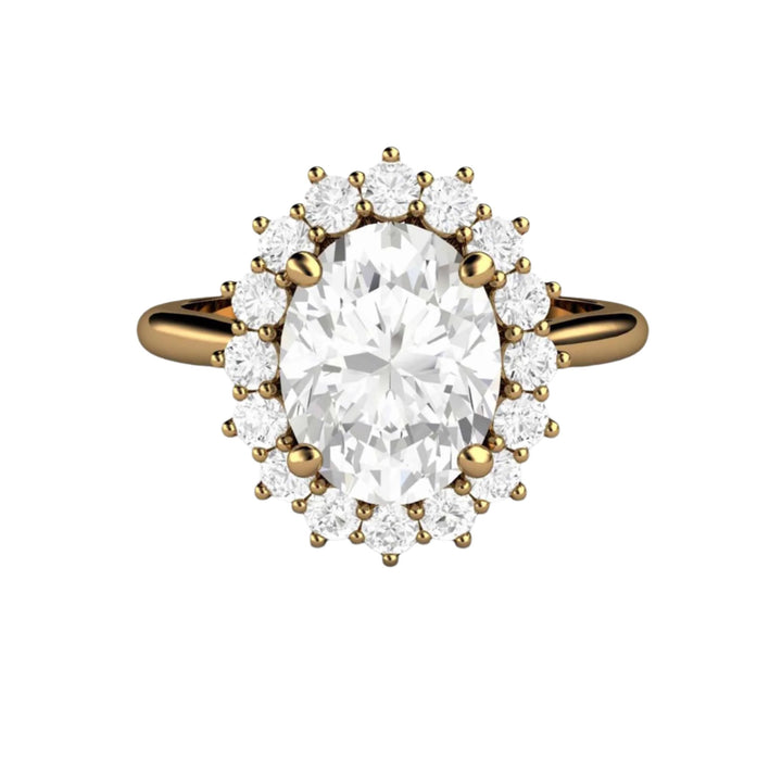 Moissanite 2 Carat Engagement Ring, Princess Diana Style, Oval Halo, 18K Yellow Gold