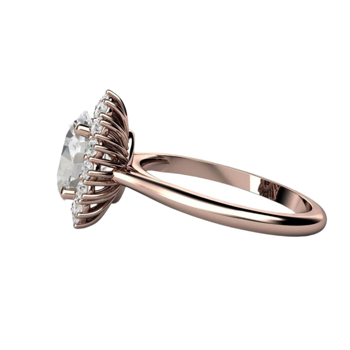 2 Carat Oval Moissanite Engagement Ring, Vintage Inspired Cluster Design, Side View