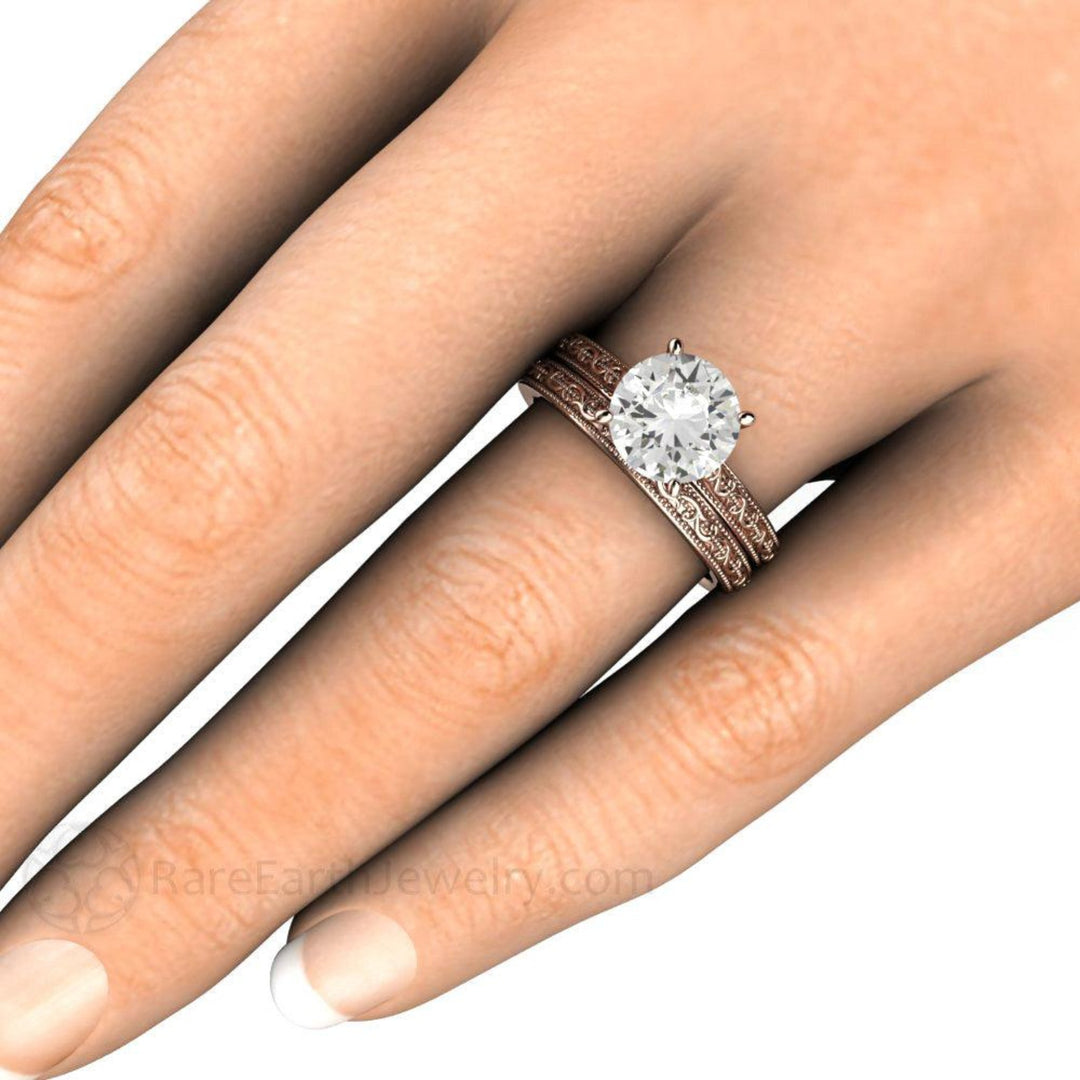 2ct Vintage Moissanite Engagement Ring, 8mm Solitaire and Wedding Band, Bridal Set on the Hand