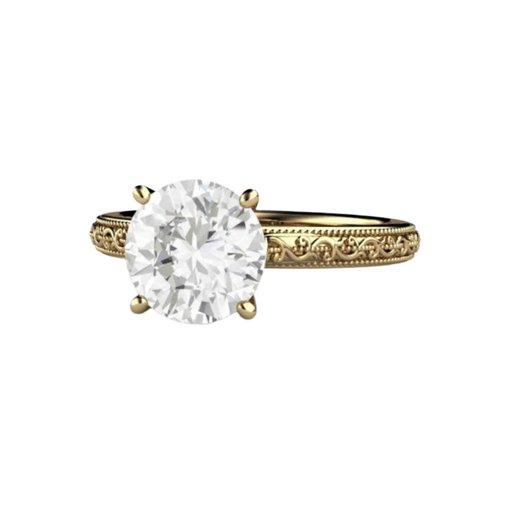 2 Carat Forever One Moissanite Solitaire, Vintage 4 Prong Solitaire Design, Yellow Gold