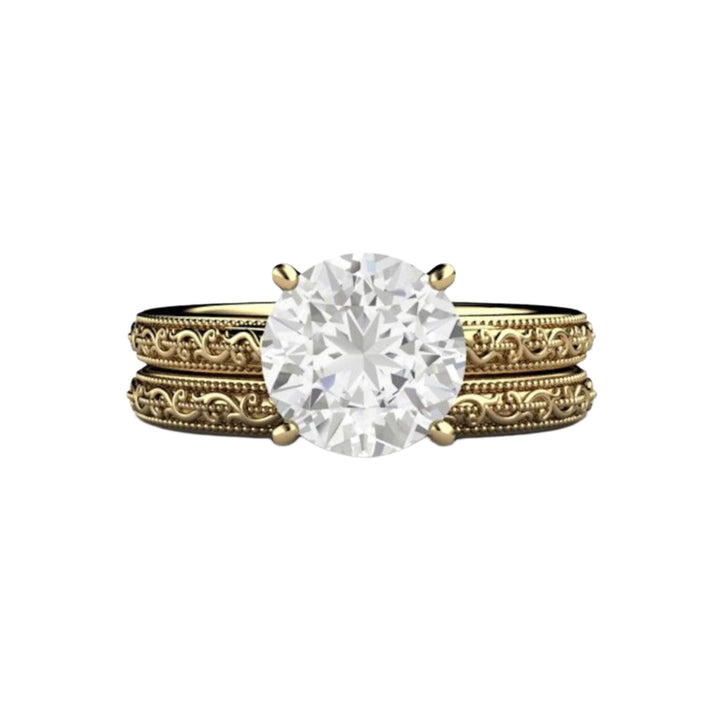 Vintage Inspired Moissanite Engagement Ring, 2 Carat Solitaire Ring and Band, Wedding Set