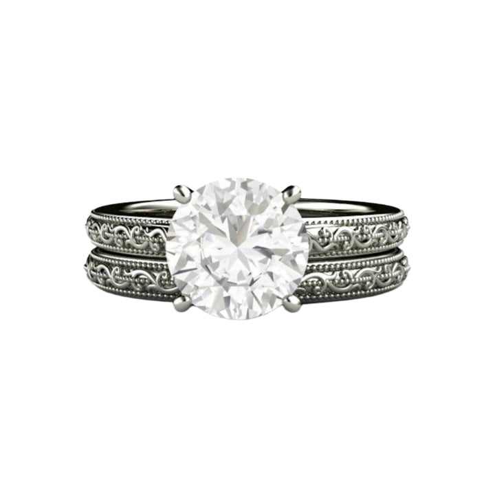 2 Carat Lab Grown Engagement Ring, Round Moissanite Solitaire, Vintage Style Bridal Set