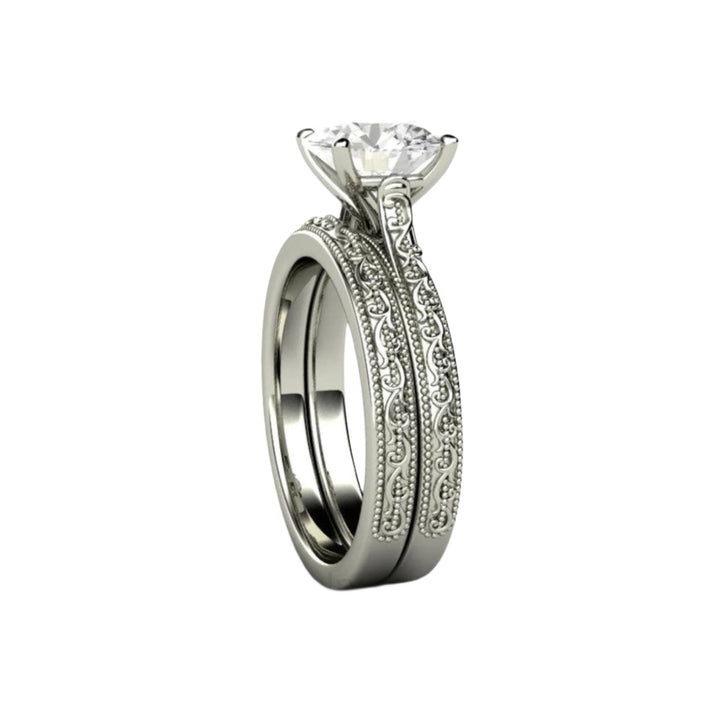 2ct Moissanite Engagement Ring, Vintage Style Solitaire and Wedding Ring, Platinum