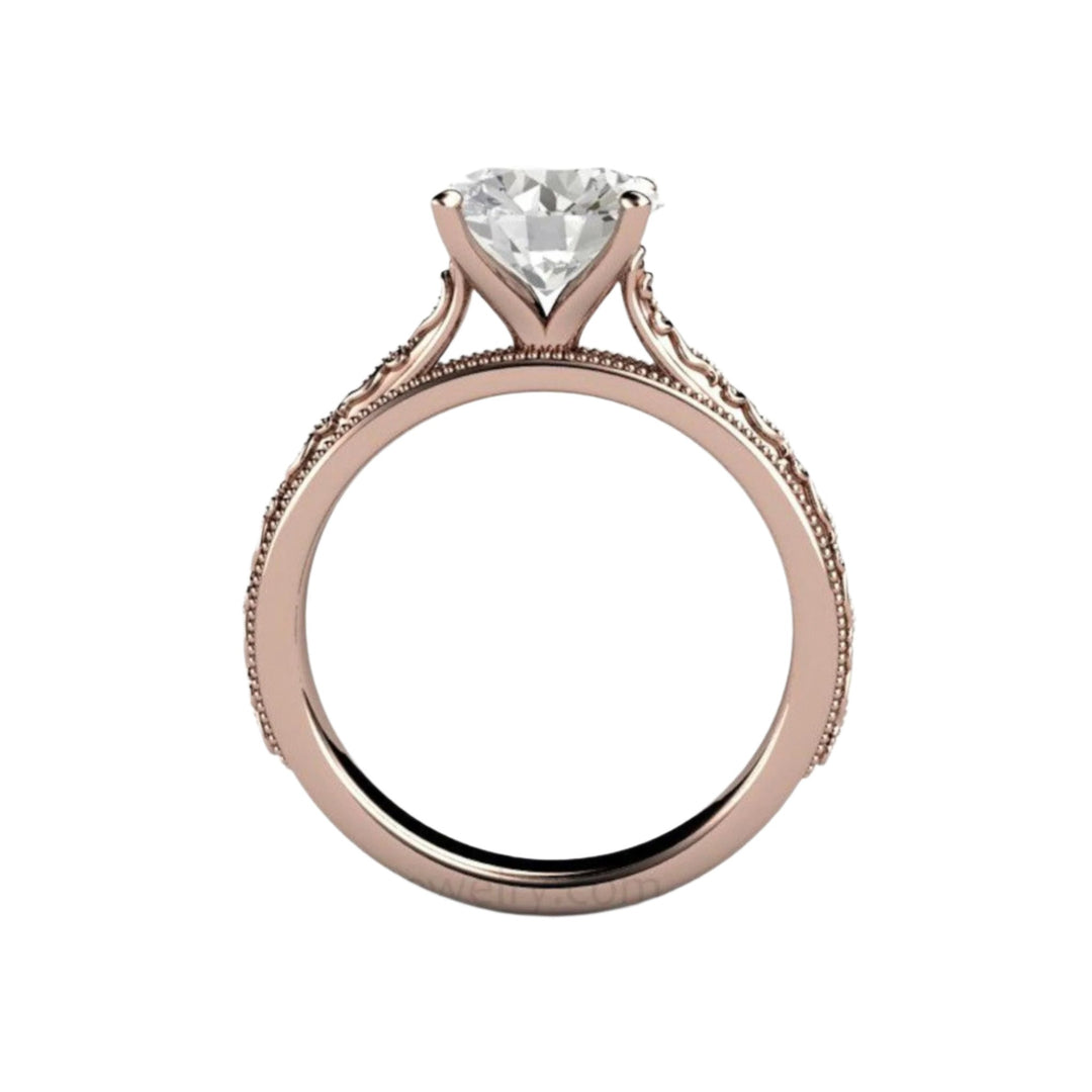 2ct Vintage Moissanite Engagement Ring, Colorless Moissanite Solitaire Ring, Profile View