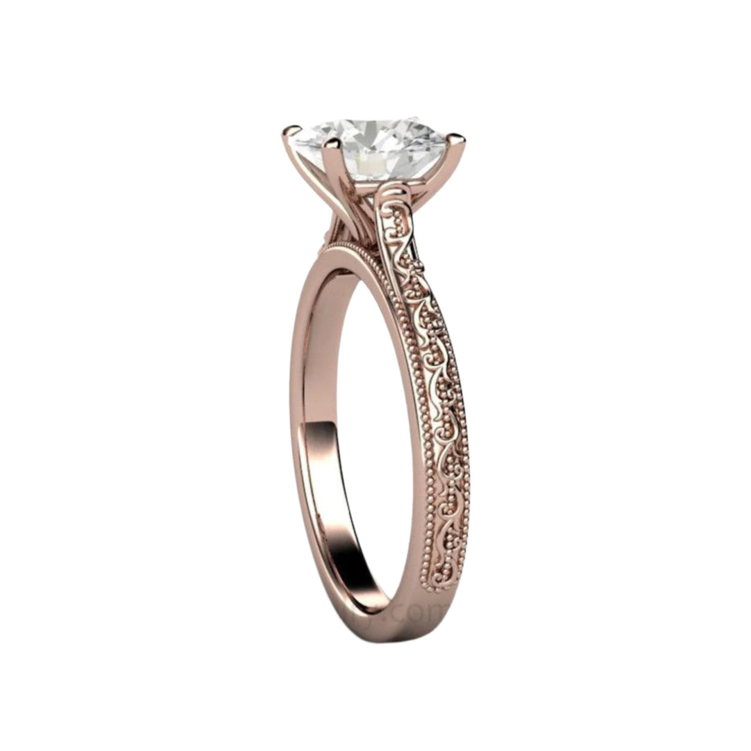 Moissanite 2 Carat Solitaire Ring, Vintage Style Engagement Ring, Side View showing Milgrain