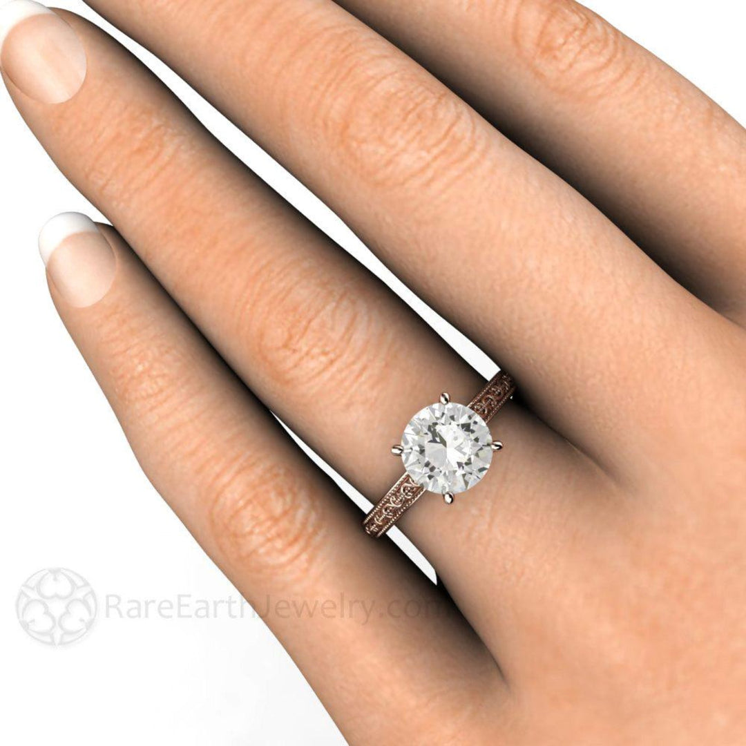 2ct Vintage Moissanite Engagement Ring on the Hand, 8mm Round Moissanite Ring