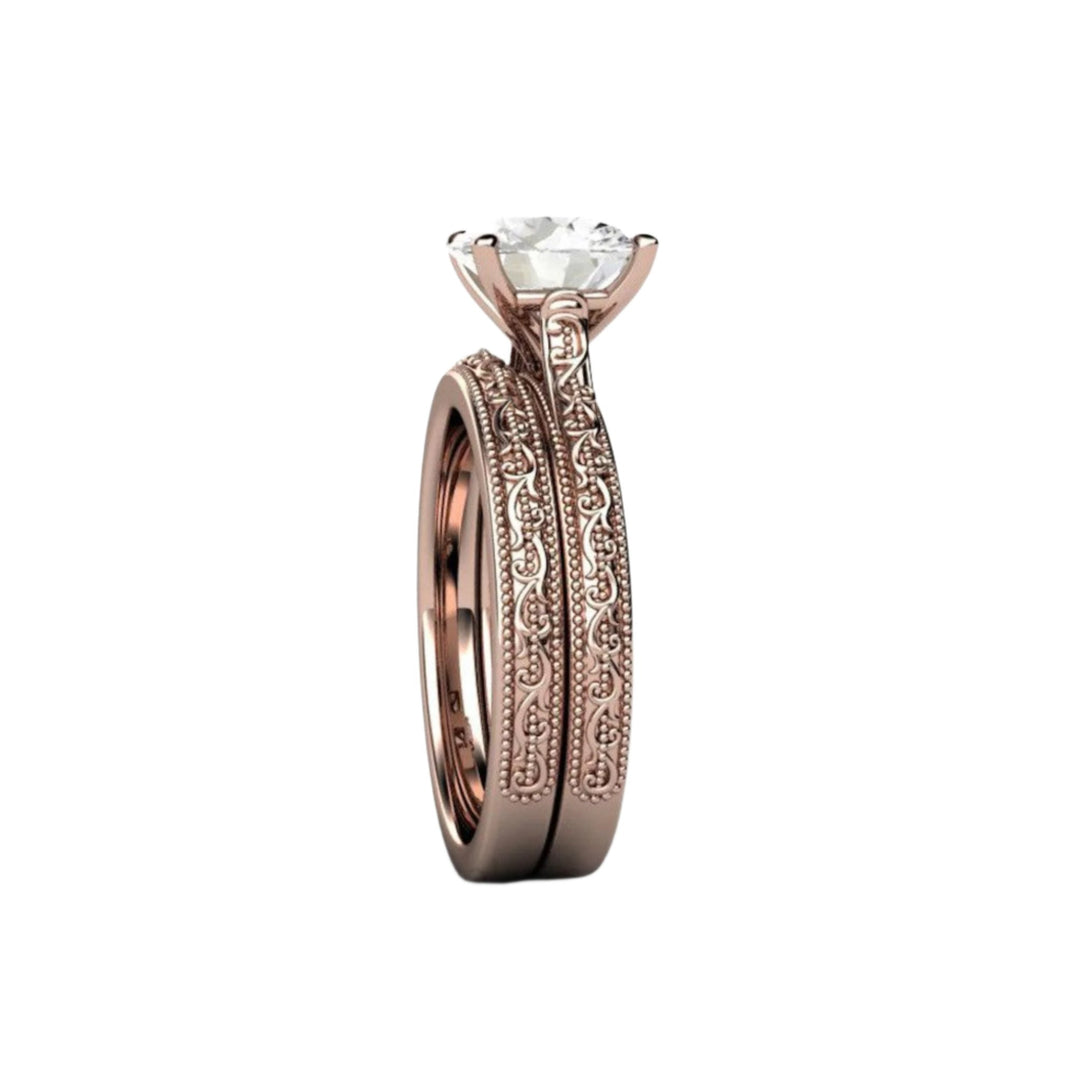 Vintage Style Moissanite Engagement Ring, 2 Carat Solitaire with Milgrain and Filigree, Bridal Set