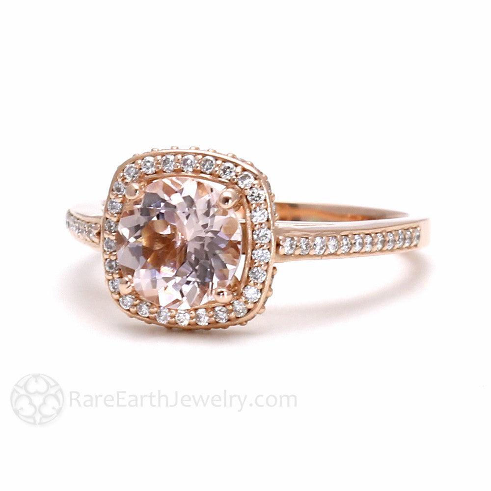 2ct Morganite Engagement Ring | Pavé Diamond Halo in Gold or Platinum, Rare Earth Jewelry