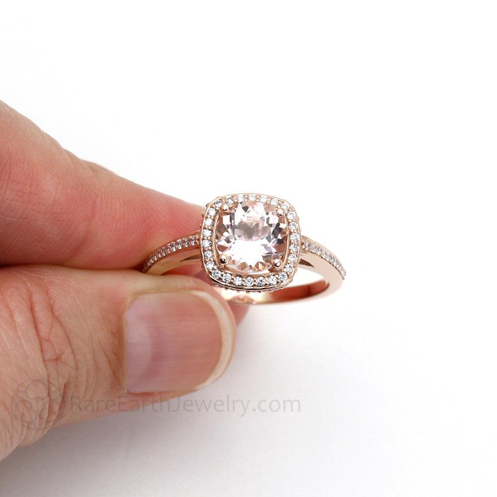 2ct Morganite Engagement Ring | Pavé Diamond Halo in Gold or Platinum, Rare Earth Jewelry
